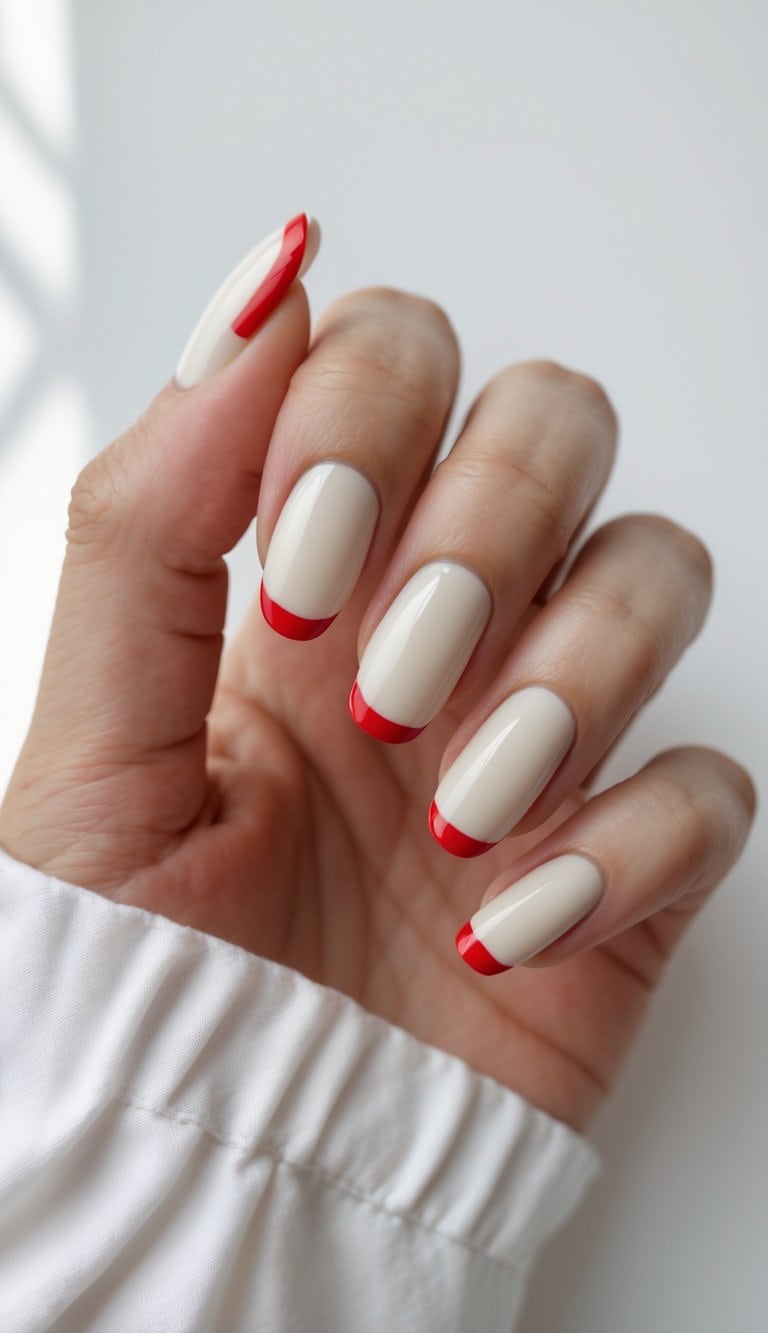 Close-up of a hand with nude cream nails and red French tips — a chic twist on romantic nail art ideas