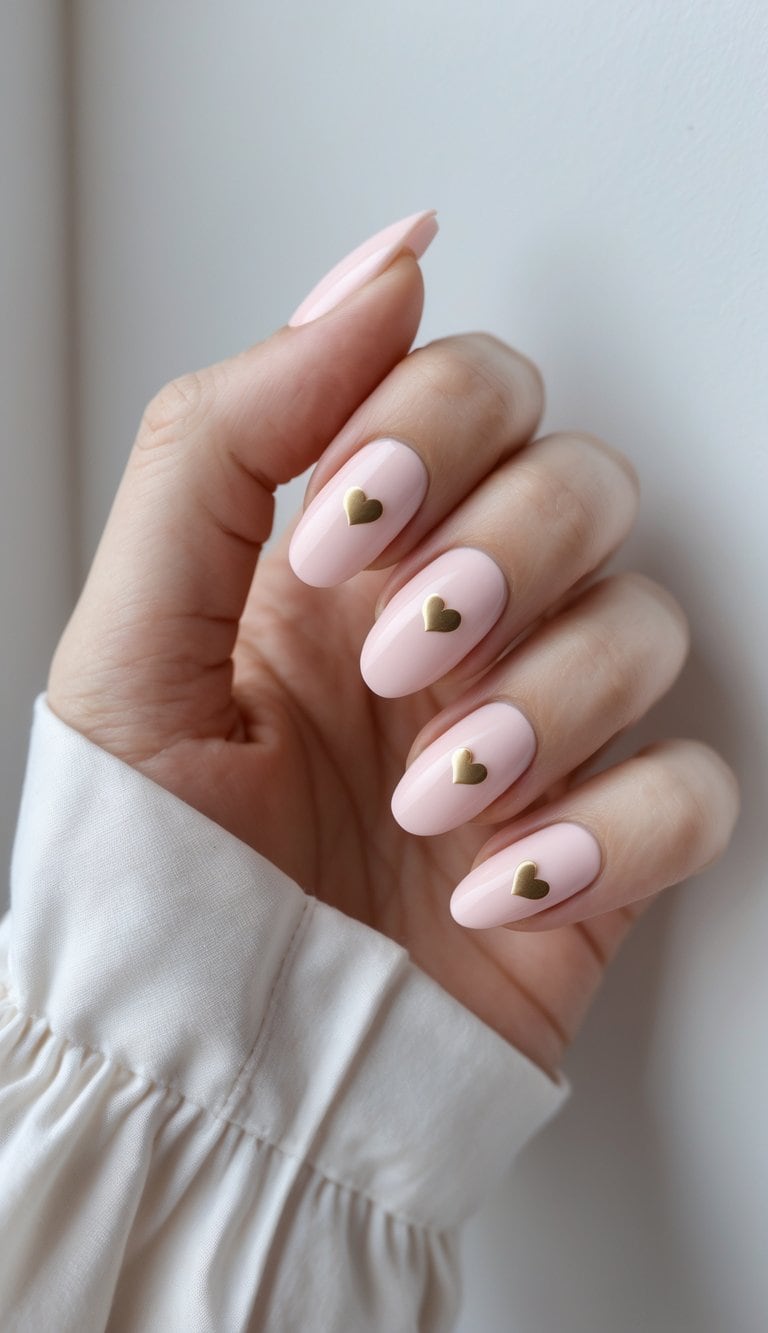 Close-up of baby pink glossy nails with gold heart embellishments — elegant and minimal romantic nail art ideas