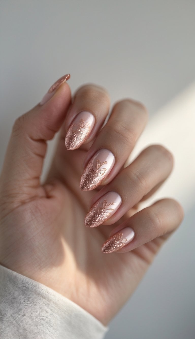 Hand with almond-shaped pink nails, rose gold glitter tips, and floral detailing — luxurious romantic nail art ideas