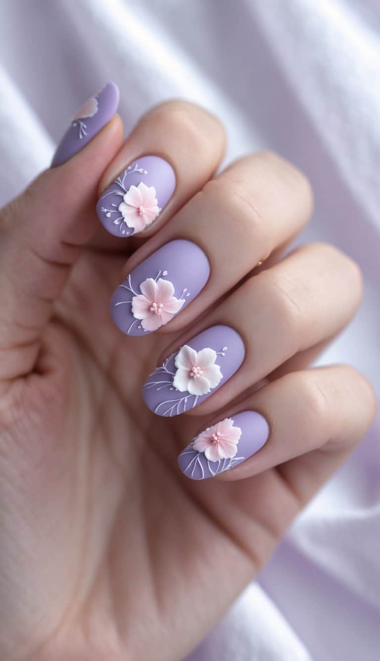 Hand showing matte purple nails with 3D floral decorations — soft, romantic nail art ideas with texture