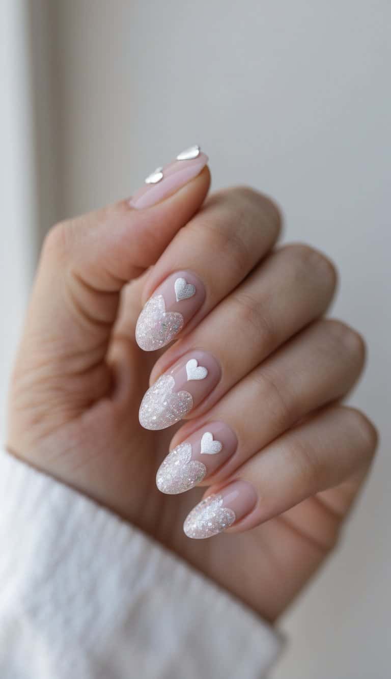 Close-up of sheer pink nails featuring glitter and silver heart details — playful romantic nail art ideas