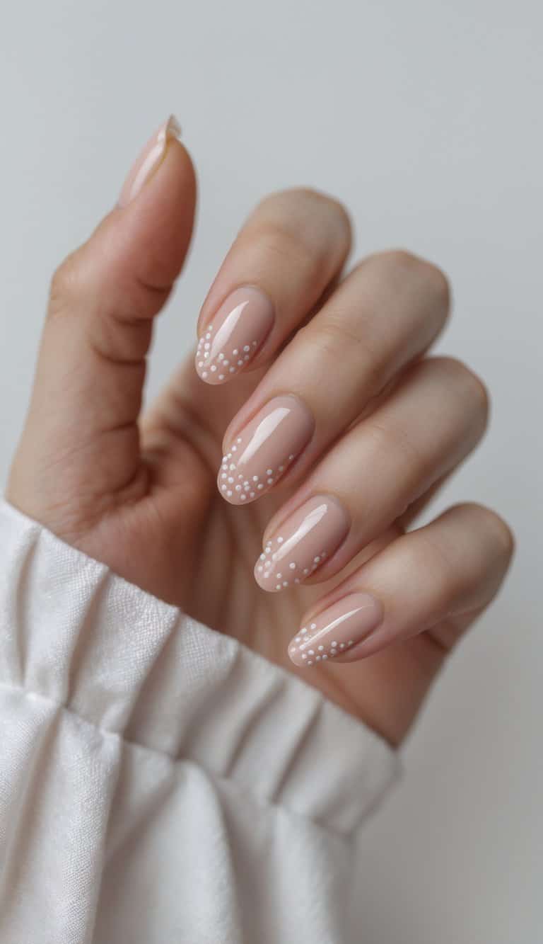 Hand with glossy nude nails and white dot clusters at the tips — a minimal romantic nail art idea