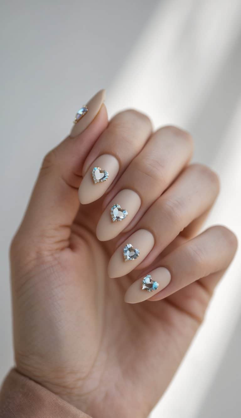 Close-up of matte nude nails with heart-shaped crystal embellishments — sparkling romantic nail art ideas