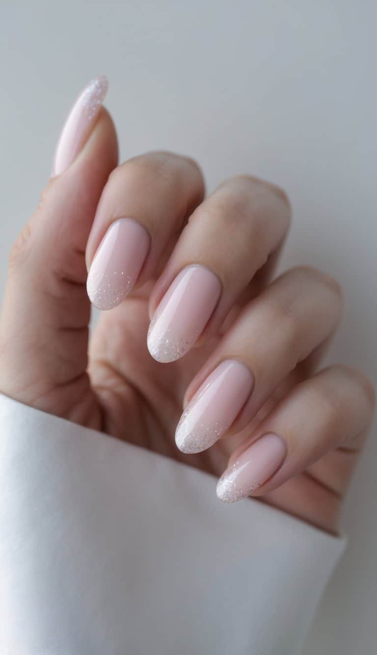 Pale pink nails with glitter-dusted tips — subtle and elegant romantic nail art ideas