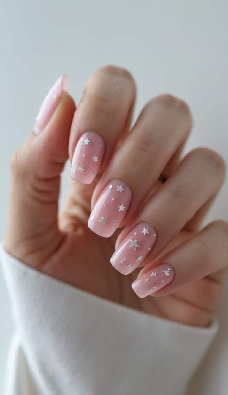 Hand with square glossy pink nails decorated with silver stars — whimsical romantic nail art ideas