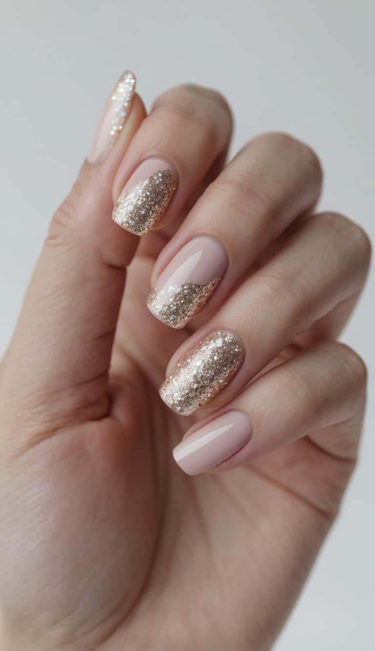 A hand displays long nude nails with glossy polish and mixed gold glitter placement, creating a playful, luxe DIY nail art effect.