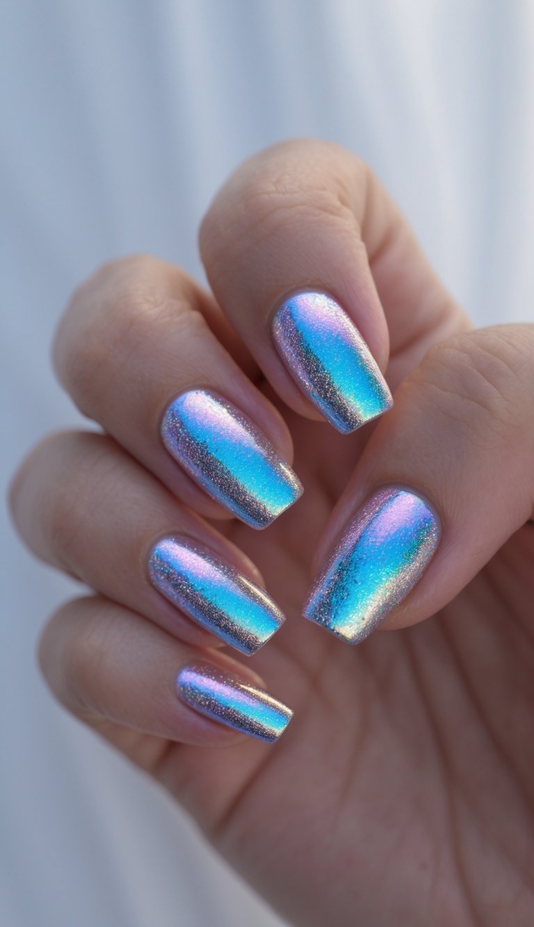 Close-up of iridescent nails featuring a viral nail art idea with blue-to-purple color shift, fine shimmer particles, and a glossy metallic surface.