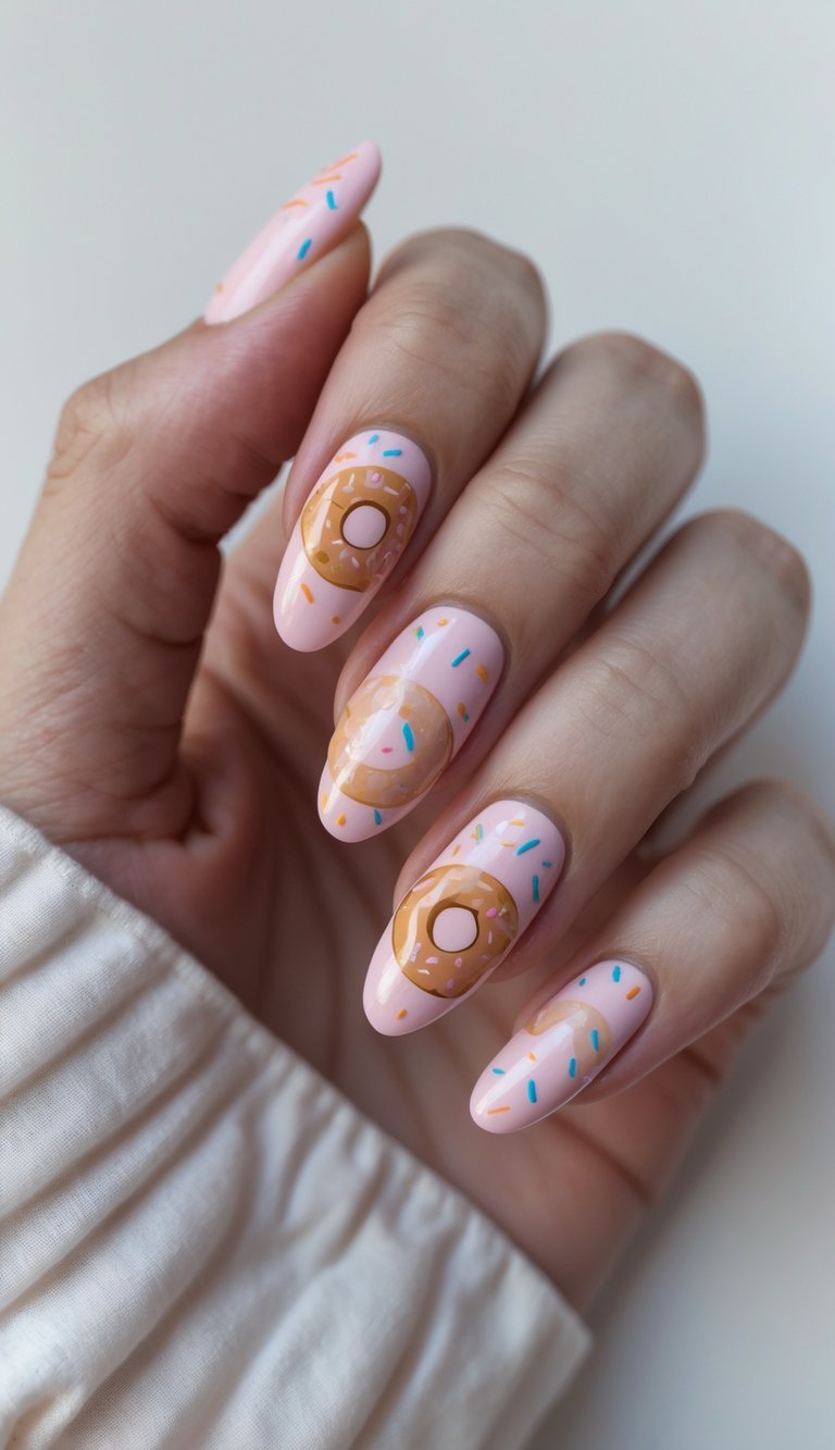 Detailed view of pink nails decorated with donut art and small sprinkle accents, styled as a viral nail art idea with smooth glossy coverage.