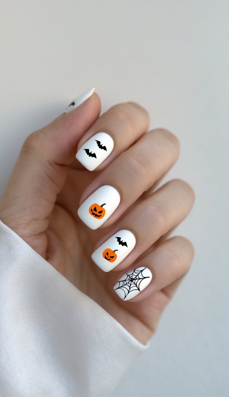 Close-up of white manicure featuring bat shapes, pumpkin illustrations, and spiderweb art, representing a viral nail art idea with a clean, graphic style.