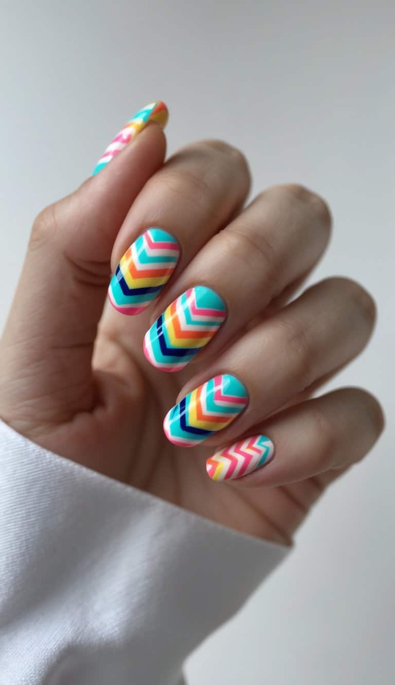 Close-up of a hand with long nails covered in colorful zigzag chevrons using pink, blue, orange, and yellow on a bold DIY nail art base.