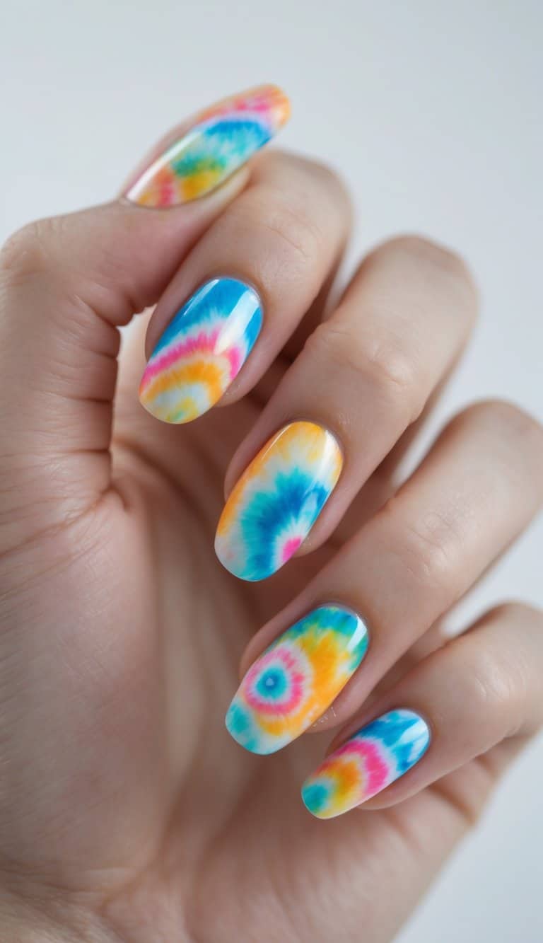 Close-up of a hand with vivid tie-dye inspired nails, blending bright blue, pink, yellow, and orange into playful spirals in a DIY look.