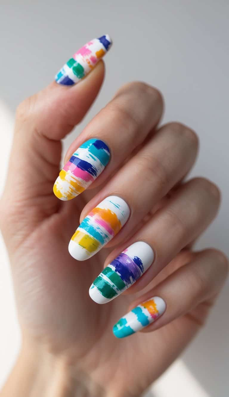 Close-up of a hand showing long white nails with bold, uneven horizontal swipes in bright rainbow shades for an energetic DIY nail art style.