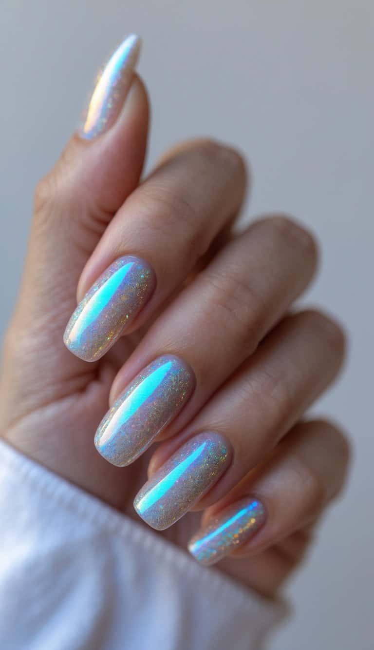 A hand displays sleek nails painted in radiant holographic polish with color-shifting blue highlights and scattered sparkles for a dazzling DIY nail effect.