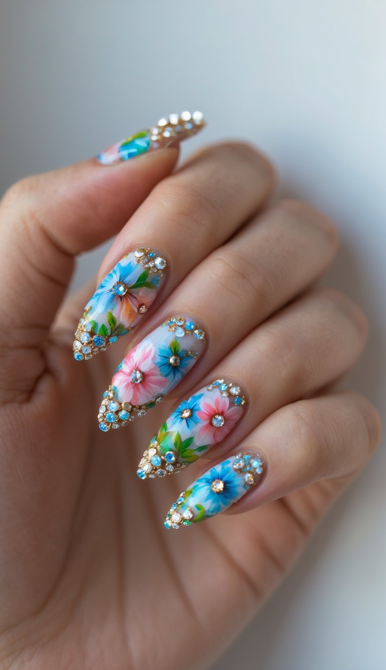 Close-up of floral nails featuring pastel flowers, gold detailing, and rhinestones, representing a viral nail art idea with a rich, decorative style.