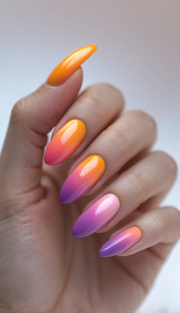 A hand features glossy almond nails with a bold DIY gradient blending orange, pink, and purple tones into a vivid sunset effect.
