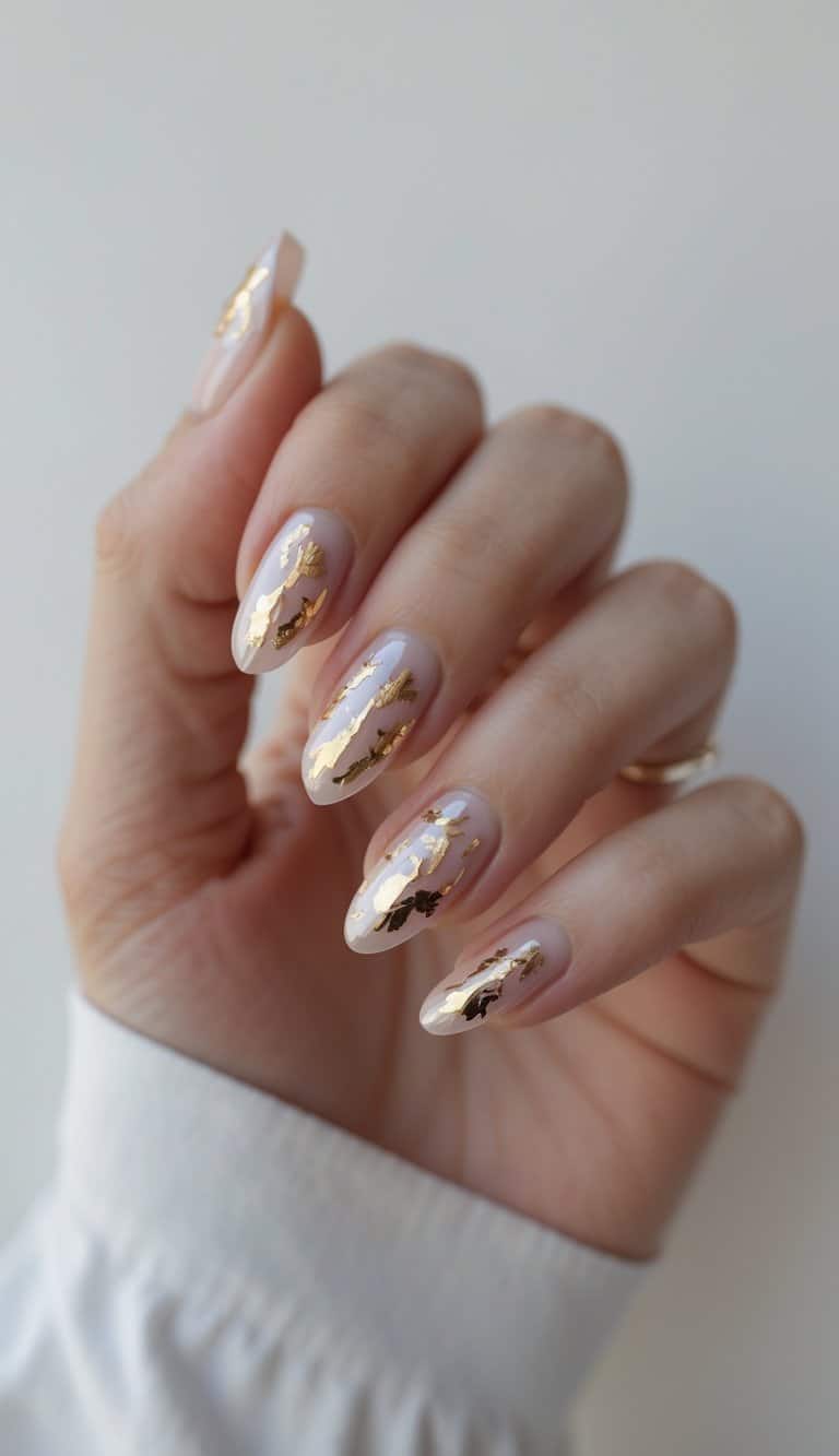 Close-up of a hand showing long glossy nude nails with irregular gold foil embellishments for a glamorous DIY nail art look.