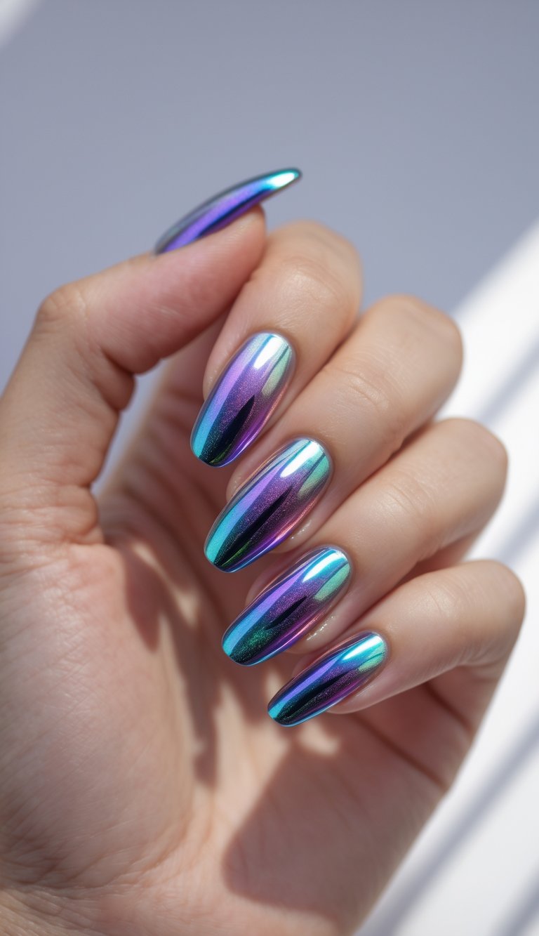 Detailed view of iridescent chrome nails styled as a viral nail art idea, showing teal and purple reflections with a smooth mirror-like finish.