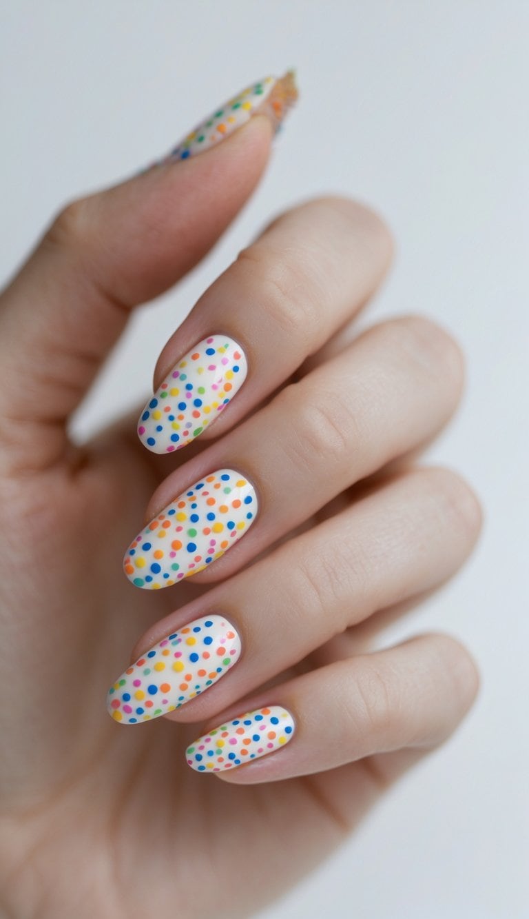 Close-up of a hand featuring white nails scattered with bright, multicolor dots in varying sizes—creating a cute and whimsical DIY nail design.