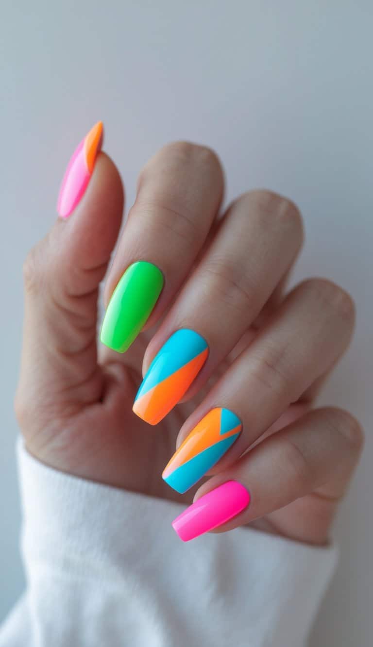Close-up of a hand showcasing bold, color-blocked nails in pink, blue, green, and orange arranged in funky, angular designs.