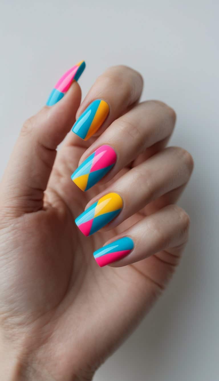Close-up of a hand showing square nails with vibrant color-blocking in pink, blue, and yellow set in sharp diagonal angles for a bold DIY style.