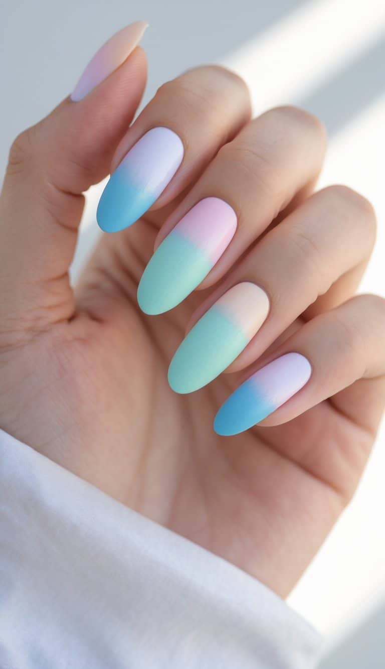Hand displaying almond nails painted in smooth, matte pastels transitioning from pinks to greens and blues in a quiet, minimal DIY ombre design.