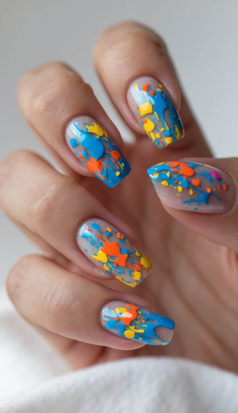 Close-up of a hand with clear-based nails splattered in chunky, colorful polish blobs—blue, orange, yellow, and pink—for an abstract artistic nail design.