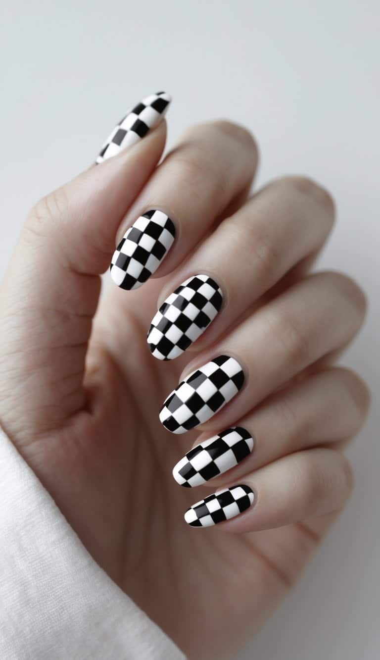 Close-up of a hand showing shiny black and white square patterns across medium-length nails for a retro-inspired DIY nail look.