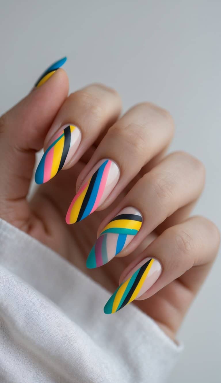 Close-up of a hand showing long nude nails decorated with colorful diagonal matte stripes in pink, teal, black, and yellow for a fun DIY look.