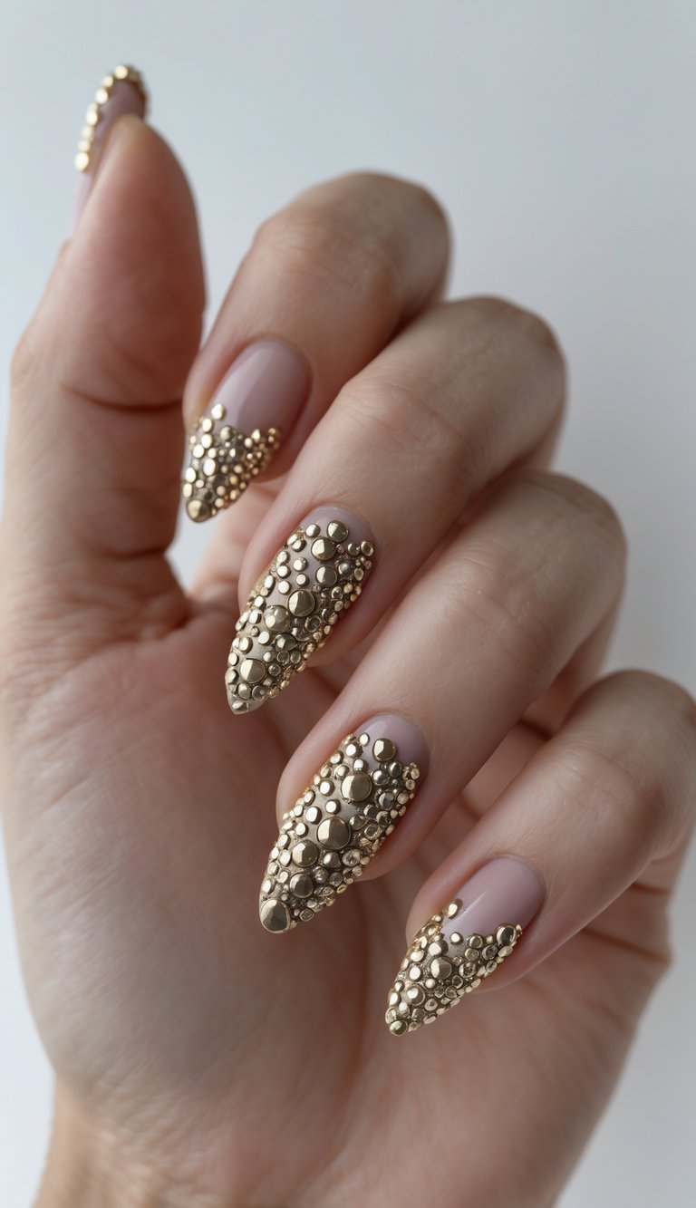 Macro view of a viral nail art idea featuring nude almond nails enhanced with layered gold studs for a bold, dimensional look.