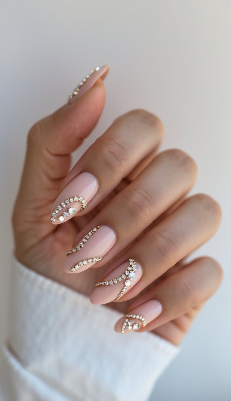 Blush pink nails on a softly lit hand, designed with arched trails of gold-trimmed crystals—an elegant, jewel-like sophisticated nail art idea.