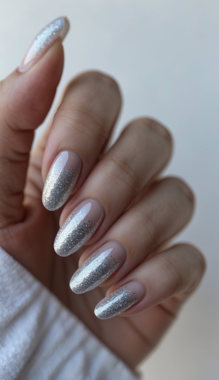 Almond-shaped nails fading from sheer nude to icy silver glitter, creating a soft, snowy effect—an ethereal and refined sophisticated nail art idea.