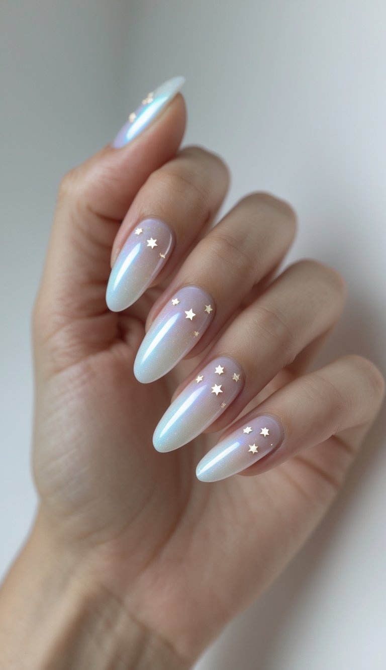 Almond nails in a milky chrome finish that shifts in light, each topped with miniature golden stars—a sleek, editorial-level sophisticated nail art idea.
