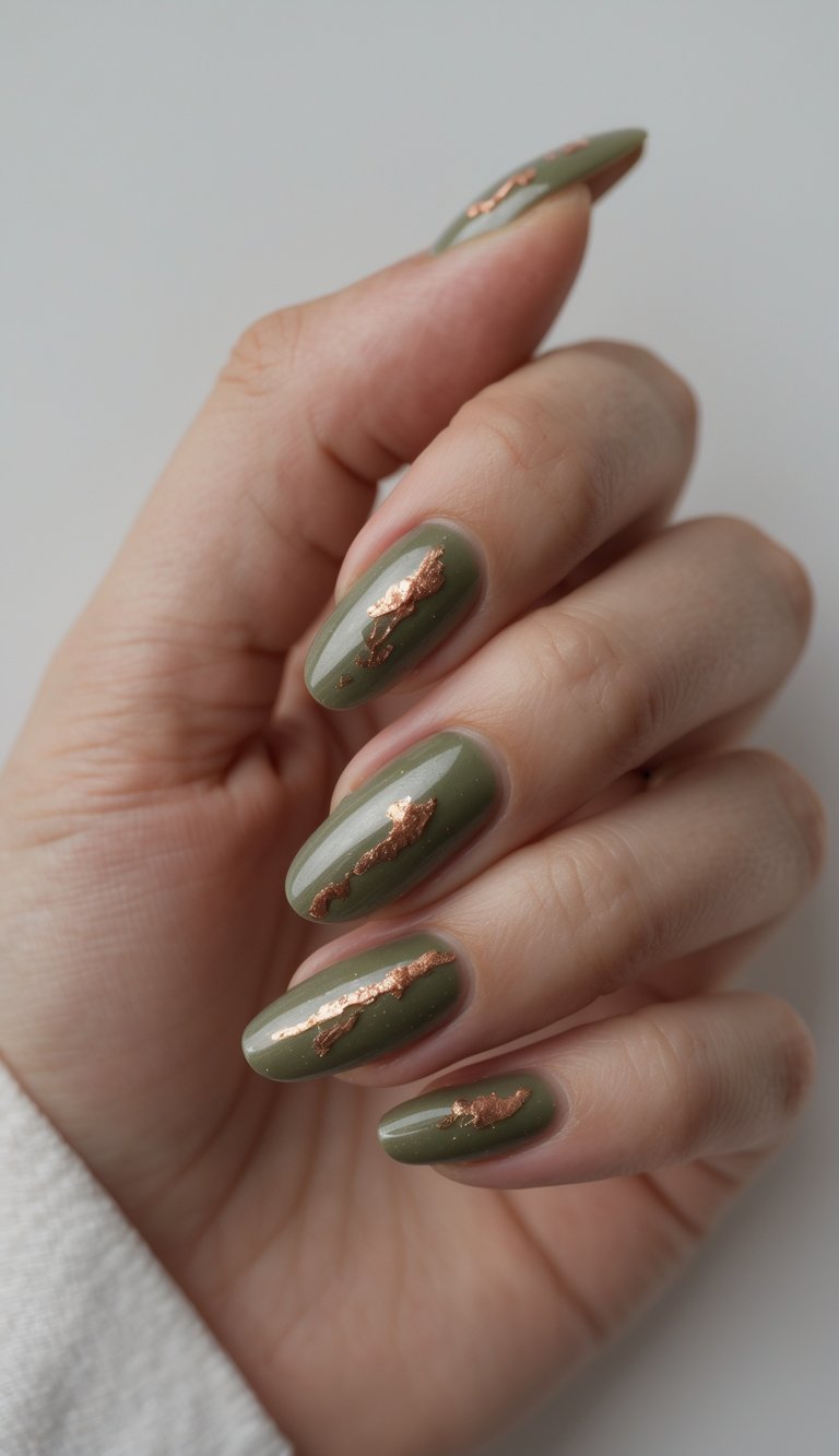 Hand with olive green nails detailed by vertical brush-like strips of copper foil—an unexpected, grounded yet luxe sophisticated nail art idea.