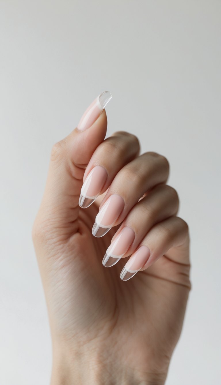 A delicate hand with almond-shaped nails blending soft pink into clear tips—this sophisticated nail art idea creates a clean, translucent finish with sculptural elegance.
