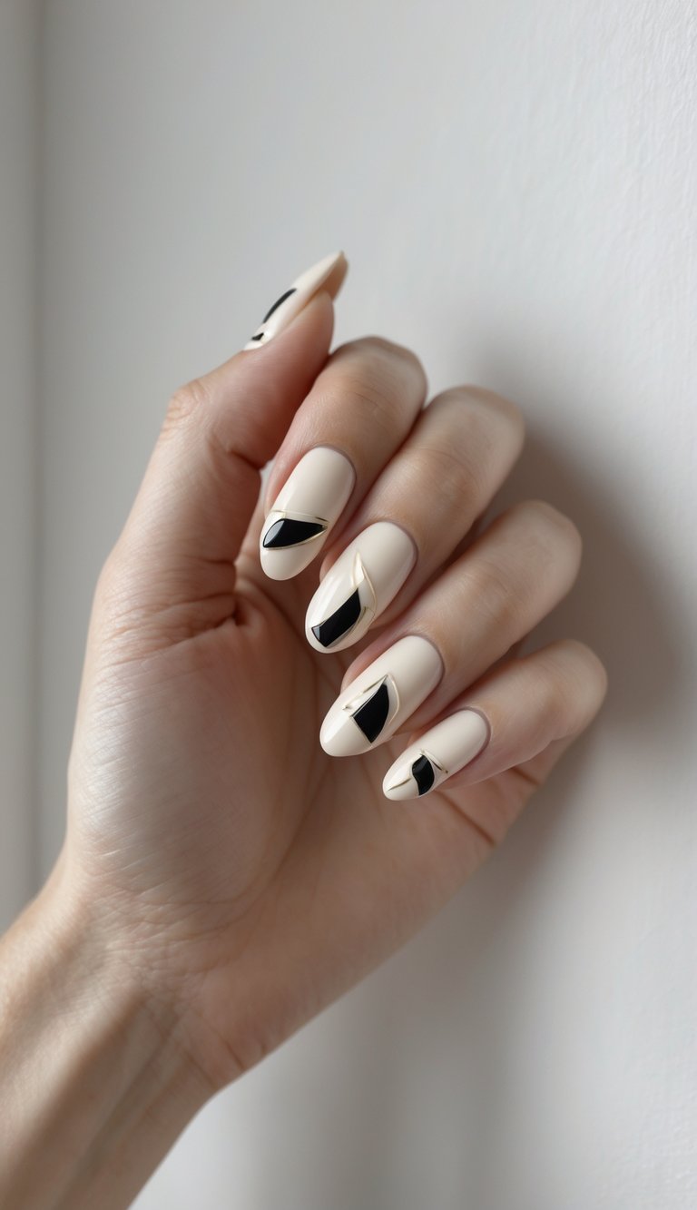 A neutral manicure detailed with bold black geometric shapes and gold outlining—an editorial, statement-making sophisticated nail art idea for modern minimalists.