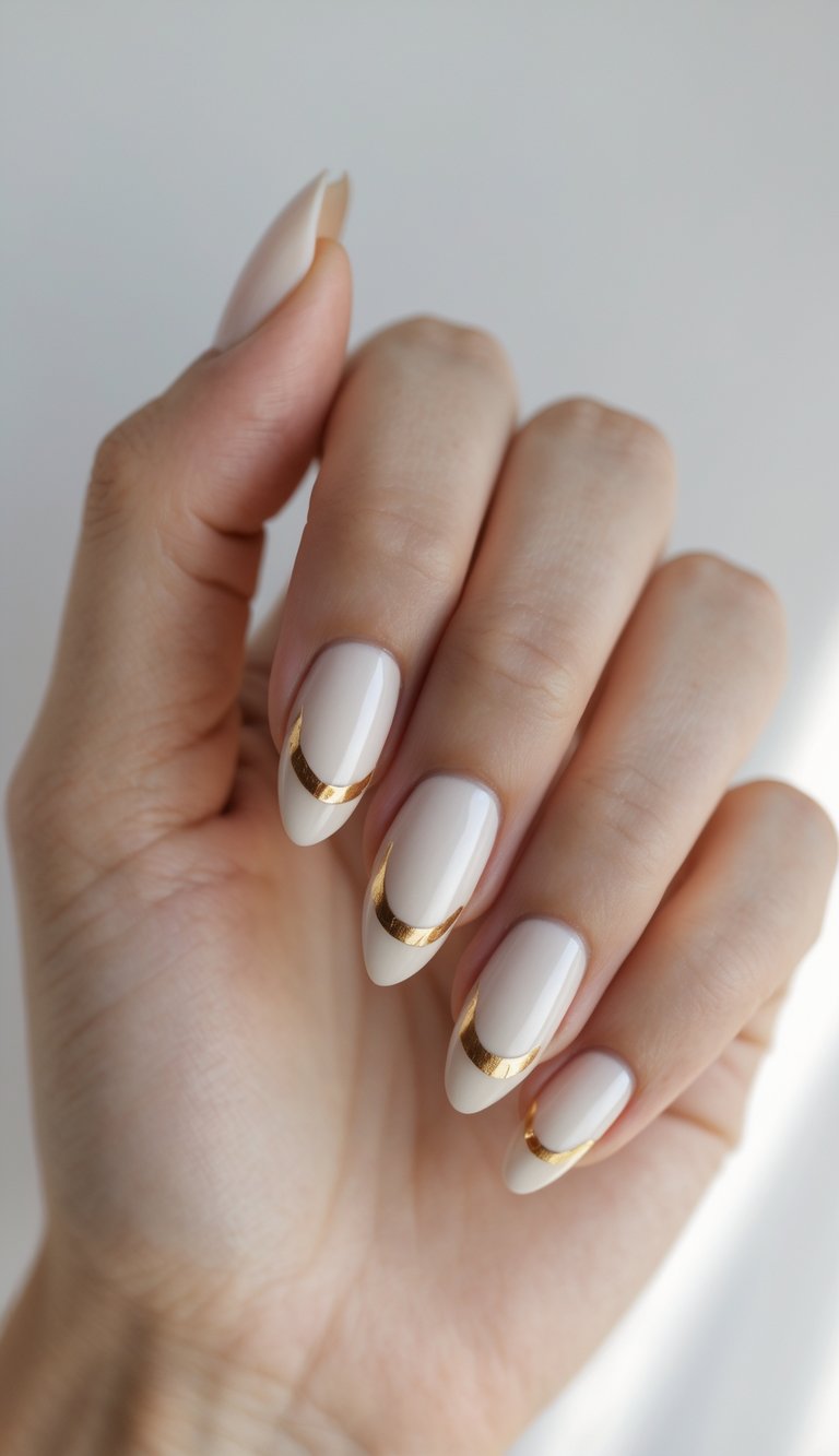 Neutral-toned nails with reflective gold half-moon detailing near the tips—this sophisticated nail art idea blends classic elegance with modern metallics.