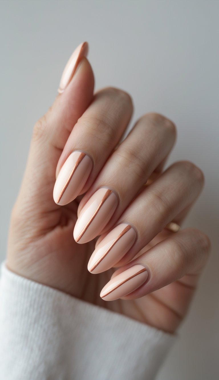 Close-up of nude-peach nails with glossy finishes and vertical rose-gold striping—this sophisticated nail art idea offers subtle shimmer with sculpted style.