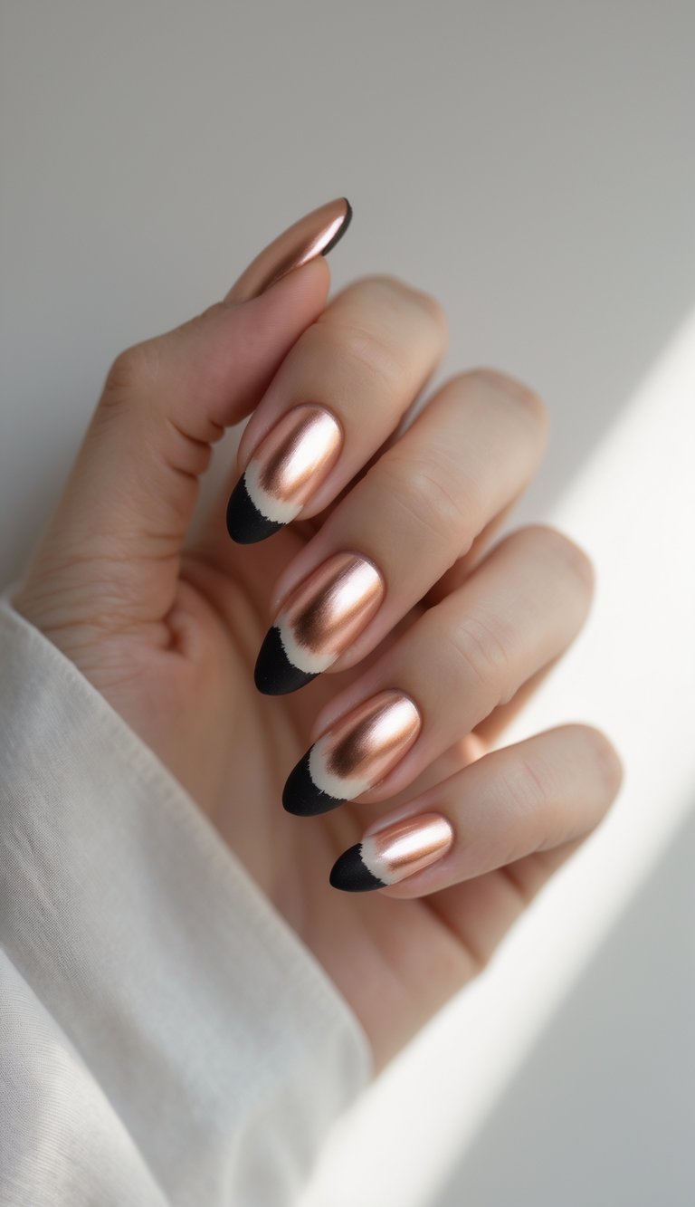A set of almond nails in gleaming rose-gold chrome with dramatic matte black crescent tips—an eye-catching, sophisticated nail art idea for bold style lovers.