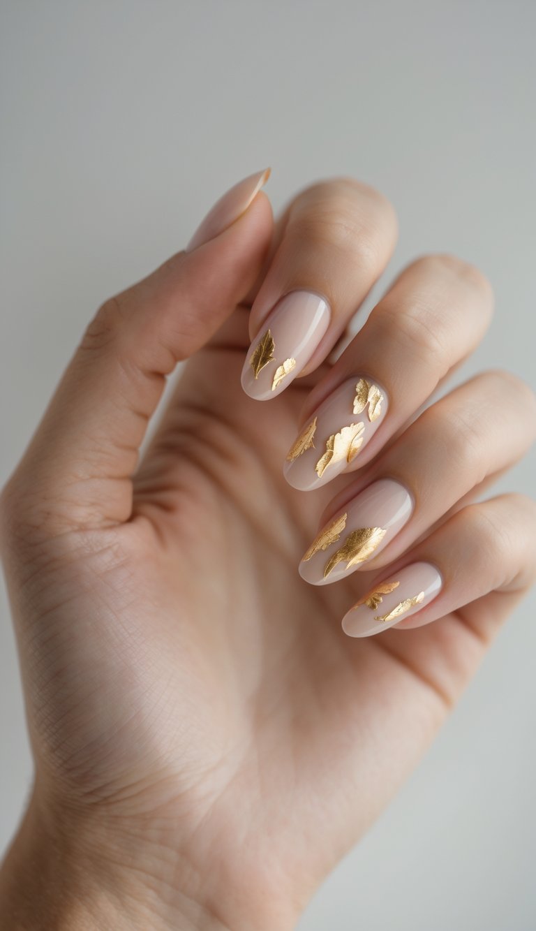 Botanical-inspired gold foil leaf details over a clean nude polish create a sophisticated nail art idea with earthy elegance and upscale charm.