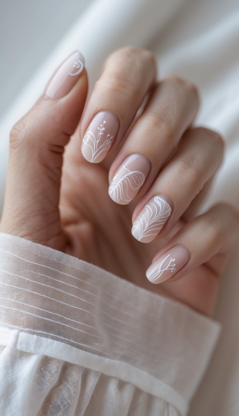 Close-up image of one hand with detailed nail art on each fingernail against a white background.