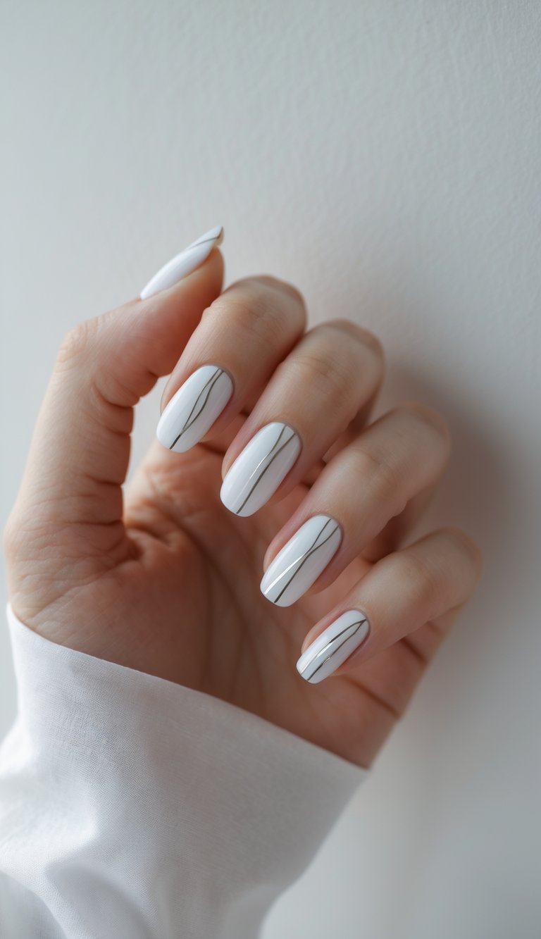 A softly lit hand resting against a neutral wall, showing white nails accented with fine metallic lines in a modern delicate nail art idea.