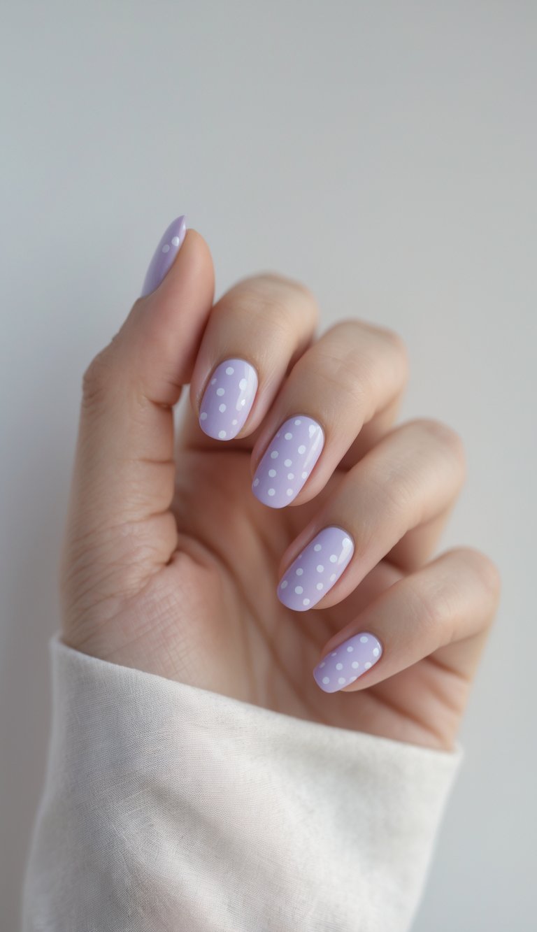 Hand against a light background showcasing short lilac nails with tiny white polka dots as a minimal delicate nail art idea.