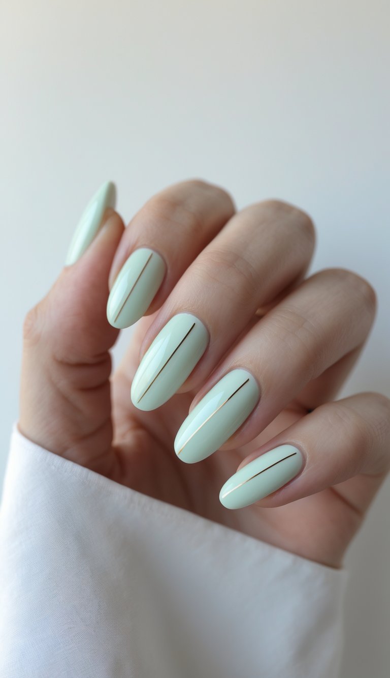 Close-up of fingers painted in pale mint polish with a sharp metallic stripe down each nail, giving a stitched effect in this delicate nail art idea.