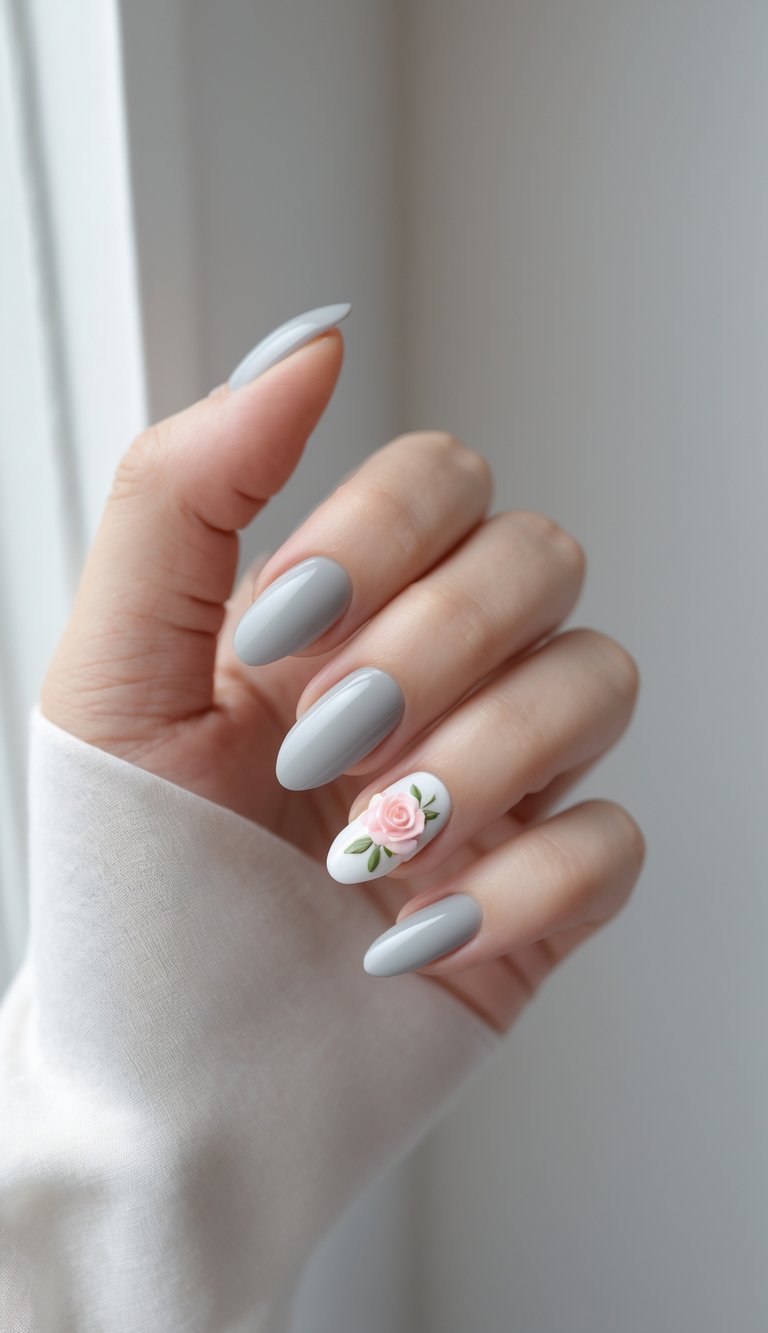 A hand shows muted gray nails with one white accent nail detailed with a raised pink rose and leaves, showcasing a poetic delicate nail art idea.