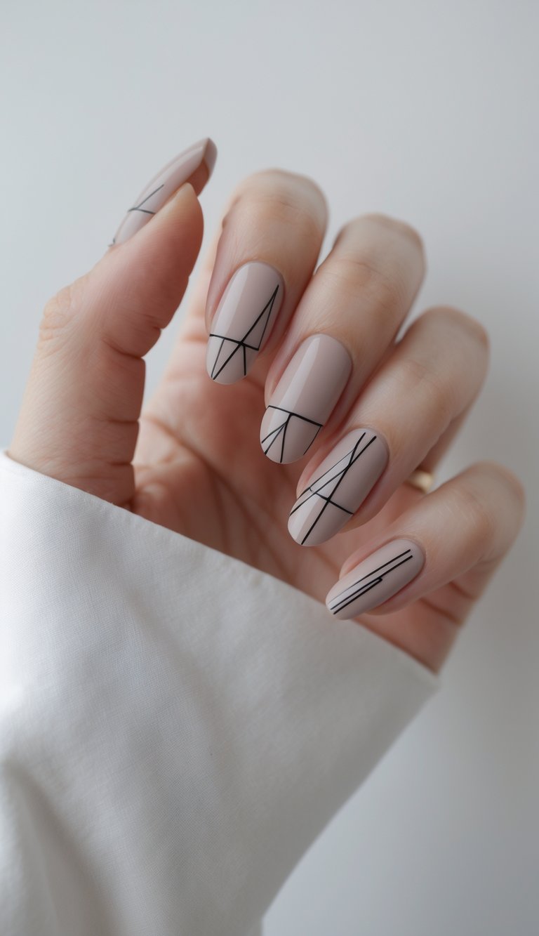 Close-up of a hand with long taupe nude nails adorned with fine black lines, illustrating a poetic and refined delicate nail art idea.