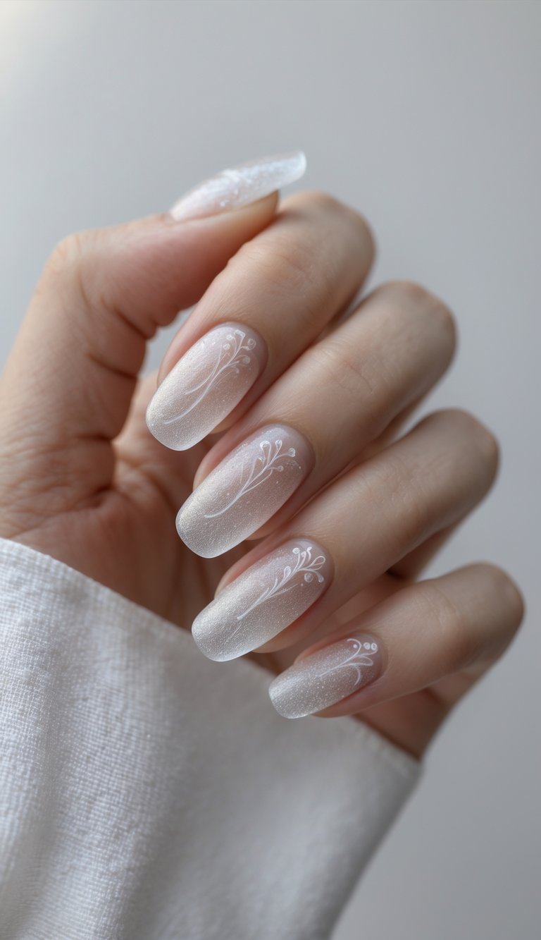 A hand shows long, almond-shaped nails with a frosted white shimmer and fine white floral line art, embodying a delicate nail art idea with airy softness.