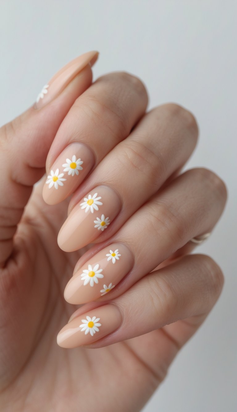 A soft peach manicure on a hand, adorned with dainty white daisies blooming across each nail—a delicate nail art idea that channels garden elegance and spring spirit.