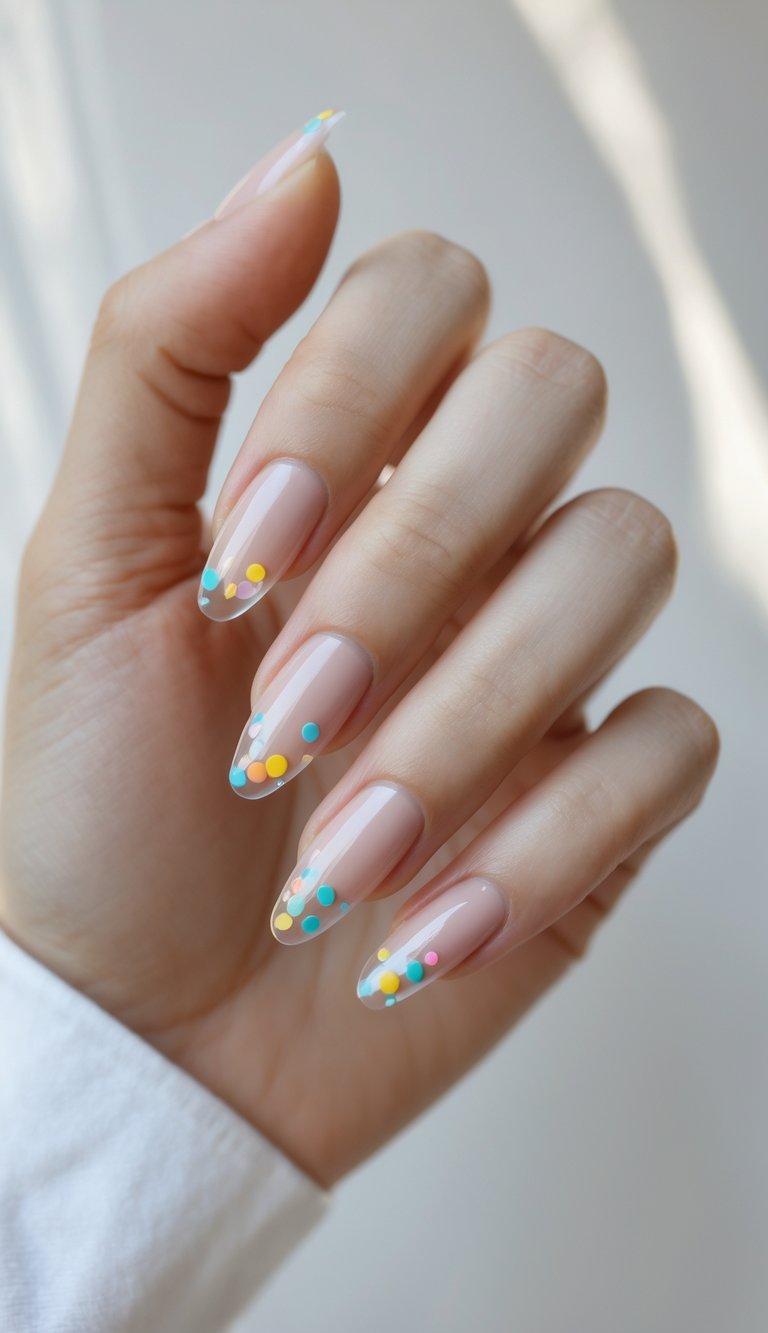 Feminine hand with sheer pink nails featuring pastel confetti dots concentrated at the tip, reflecting a delicate nail art idea with a trendy, lighthearted vibe.