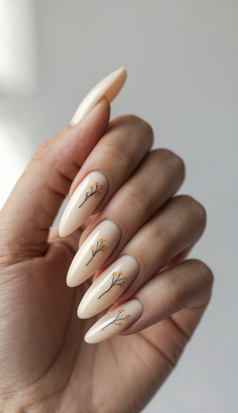 Close-up of a hand with long nude nails, each one decorated with tiny yellow buds on black branches, capturing a truly delicate nail art idea.