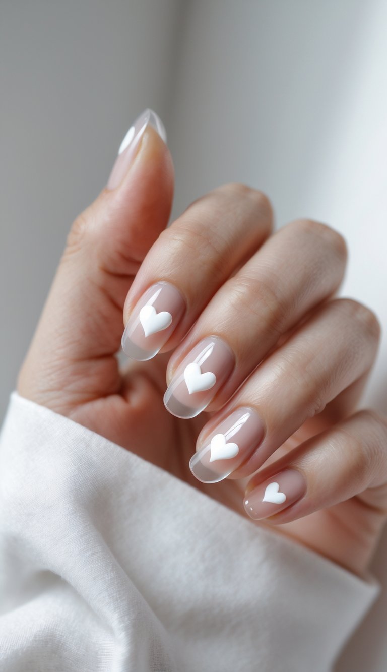 Close-up of a hand with sheer pink nails and centered white hearts—a delicate nail art idea showing elegance through simplicity and soft tones.
